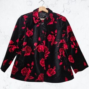 Talbots Black & Red Rose Floral Print Velvet Button Up Jacket